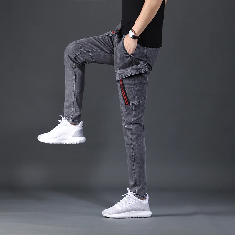 Autumn Men's Cargo Pants Elastic Waist Jeans Fashion Korean Style Casual Dark Gray Slim Fit Denim Trousers