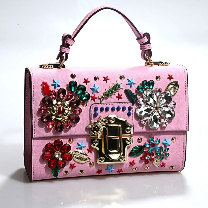 

2019 Famous Designer European and American Fashion Genuine Cow Leather Women Handbags Diamond Flower Shoulder Messenger Bags