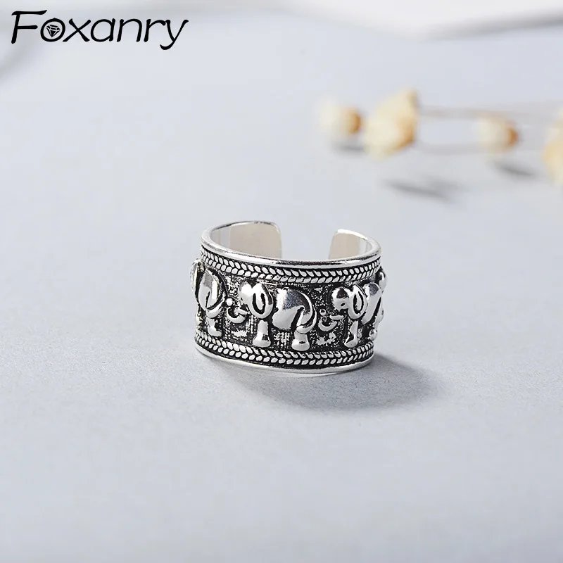 Foxanry-Anillos abiertos de elefante Vintage para mujer, de Plata de Ley 925, joyería tailandesa para mujer, regalo, anillos ajustables de Moda Antigua