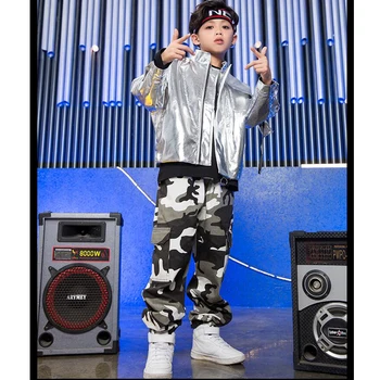 

Kid Cool Fashion Hip Hop Clothing Sliver Jacket Top Coat Camouflage Running Casual Pants for Girl Boy Jazz Dance Costume Clothes
