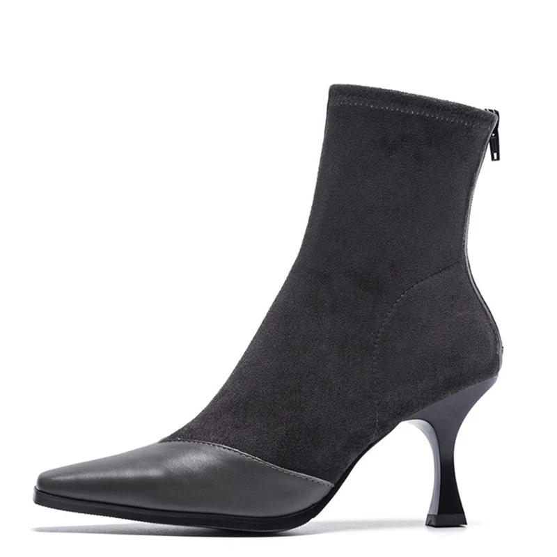

YECHNE Genuine Leather Autumn Chelsea Ankle Boots Winter Zipper Martin Boots Plus Size 33 40 Fashion Black High Heeled Shoes