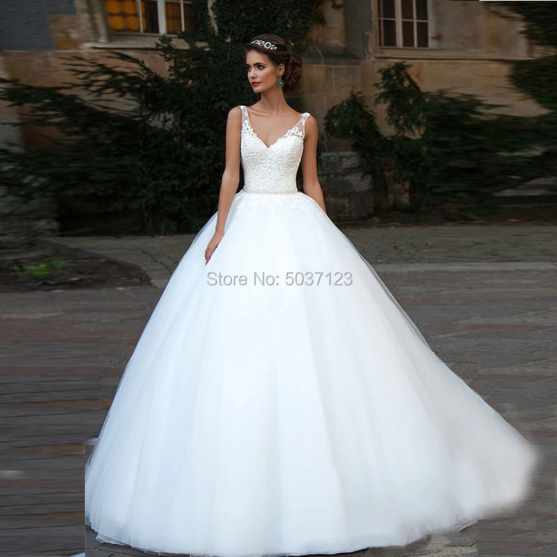 Vestido De Noiva Тюль Свадебные и Бальные платья с v-образным вырезом без рукавов с кружевным орнаментом Бисер пояс на шнуровке, для невесты платья развертки поезд