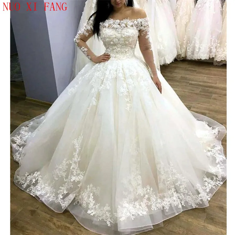 

2020 Elegant White Flower Wedding Dresses With See Through Full Sleeves Lace Appliques Bridal Gowns Boat Neck Vestido De Noiva