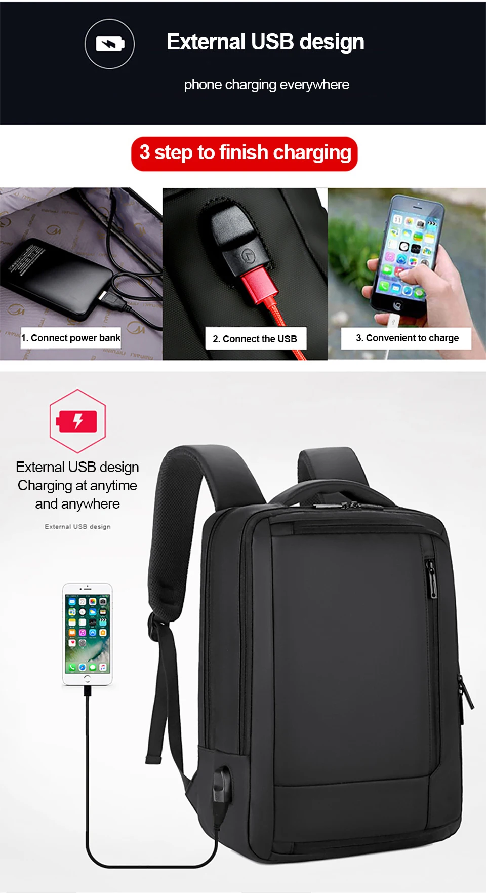 15.6 Inch Laptop Backpack Business Men Backpacks Male Notebook Waterproof Backpacking USB Charging Travel Bagpack OL Black Bags (6)