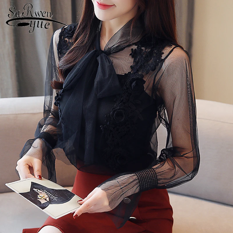 Blusas mujer de moda осенние шифоновые кружевные женские топы, элегантная женская одежда с длинным рукавом и бантом, однотонные женские майки и футболки 5591 50