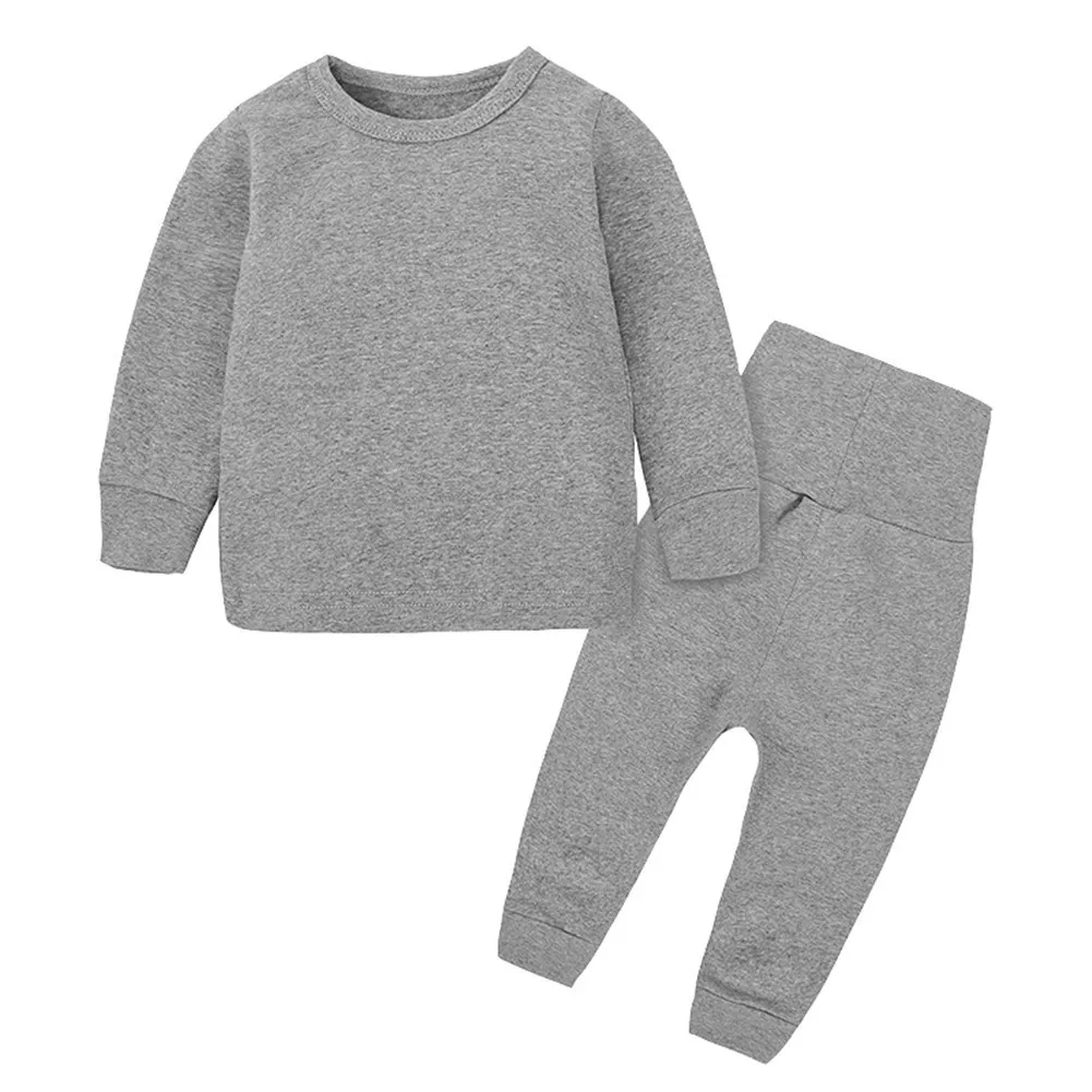 Зимние подштанники для маленьких мальчиков и девочек, комплект нижнего белья для мальчиков и девочек, хлопковая рубашка с длинными рукавами+ штаны, одежда пижамный комплект для малышей - Цвет: Светло-серый
