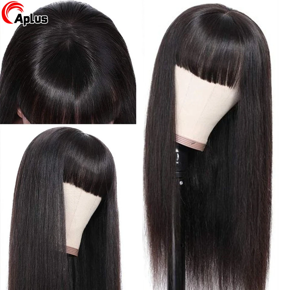 Human Hair Wig With Fringe Bang Full Machine Made Wig With Bangs Straight  Non Lace Human Hair Wigs With Bangs For Black Women|Bộ Tóc Giả Máy Toàn  Đầu| - AliExpress