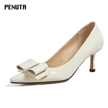

2020 PENUTA Slip On Beige High Heels Shoes Bowtie Pointed Pumps Korean Style Lovely Office Shoes Genuine Leather Footwear G0116