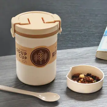 

600ml Wheat Straw Soup Cup Plastic Buckle Leakproof Lunch Box Japanese Mini Bento Box
