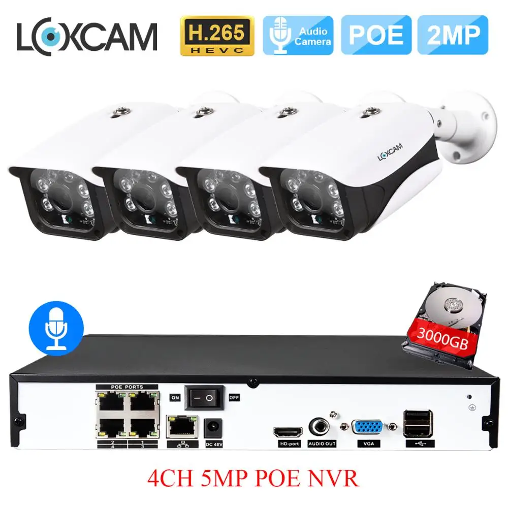 LOXCAM H.265 + 5MP CCTV камера системы видеонаблюдения POE NVR комплект 2MP 1080P @ 25fps Открытый