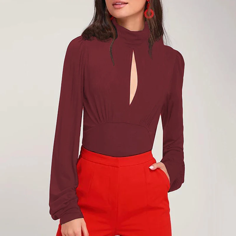 

2019 Autumn New Fashion Women's Turtleneck Hollow Out Regular Full Chest Open Solid Color Pleated T-shirt Top Harajuku
