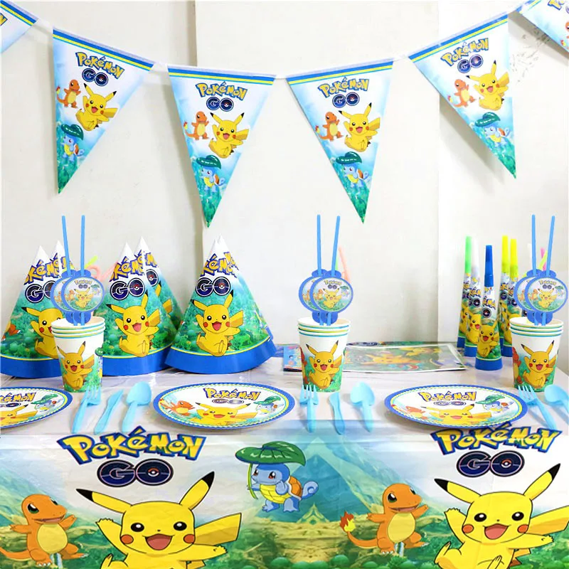  95Pcs/125Pcs Cartoon Pokemon Go Pikachu Cup Plate Invitation Card Hat Baby Shower Kid Birthday Deco - 4000205800446