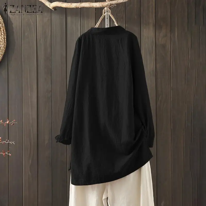 ZANZEA Топы Blusas модная женская хлопковая Блуза женская Повседневная рубашка с длинным рукавом Свободная рубашка с круглым вырезом и пуговицами OL Туника Chemiser Mujer