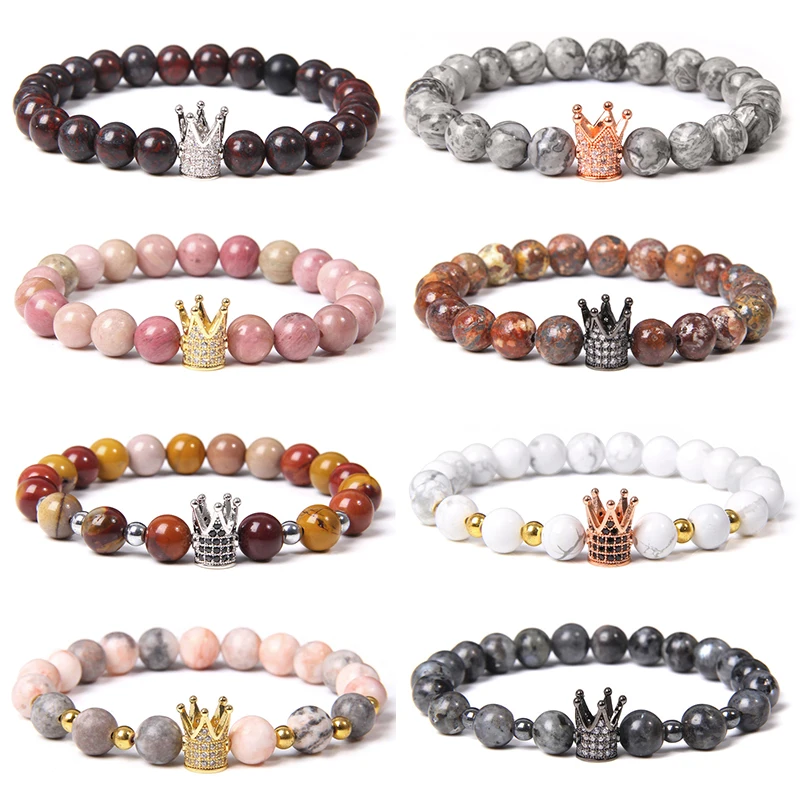 Trendy Micro Pave Cubic Zirconia Crown Charm Bracelet Natural Pink Zebra Turquoises Beaded for Women Fashion Jewelry | Украшения и