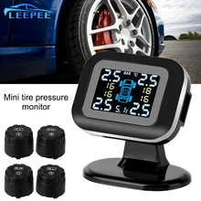 Mini usb tpms display lcd com 4 sensor externo sistemas de alarme segurança automática sistema monitoramento pressão dos pneus do carro sem fio
