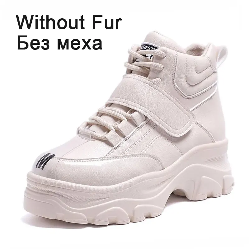 Coolcept Women Sneaker Fashion Fur Inside High Heel Warm Shoes Women Lace Up Casual Shoes Platform Lady Footwear Size 35-41 - Цвет: beige without fur