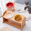 Cute Pets Double Bowl Dog Cat Food Water Feeder Stand Raised Ceramic Dish Bowl Wooden Table Pet Supplies ► Photo 2/6