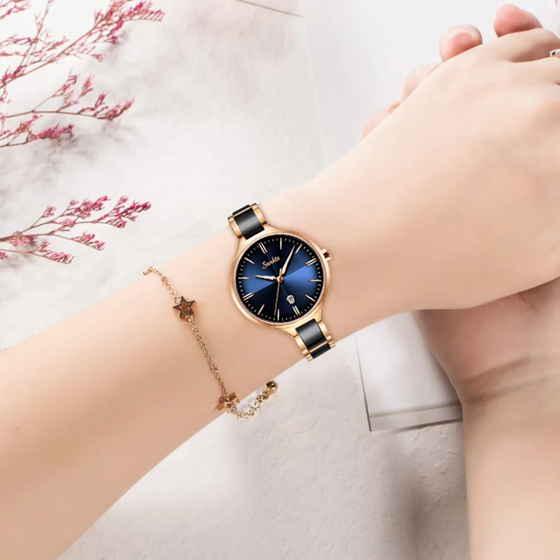 SUNKTA Blue Surface Ceramic Strap Watch Fashion Waterproof Women Watches Top Brand Luxury Quartz Watch Women Relogio Feminino