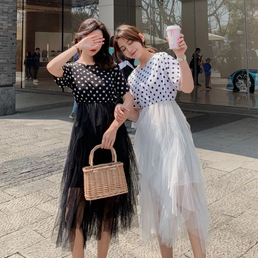 

Photo Shoot Immortal Gauze Mock Two-Piece Platycodon Grandiflorum First Love Skirt CHIC White Polka Dot Lace Joint Cake Dress Wo