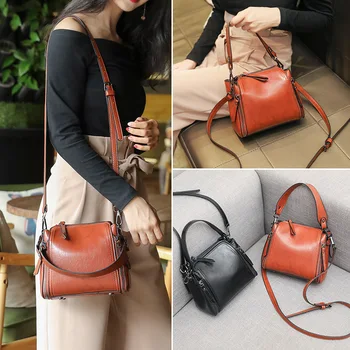 

Women's bag new simple bucket bag oblique cross-shoulder portable women's bag small square bag oil wax leather handbags