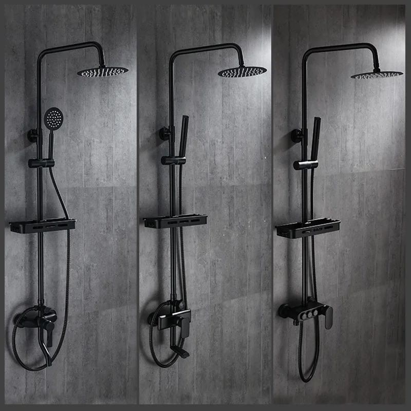 Black Rainfall Shower Faucets Set Wall Mounted Rain Shower Faucet Storage Bath Mixer Tap Hot Cold with Hand EL3903