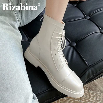 

Rizabina Women Ankle Boots Real Leather Cross Strap Flats Winter Shoes Women Warm Zipper Short Boot Office Footwear Size 33-40