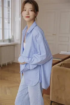 

COIGARSAM Office Lady Full Sleeve Shirt Womens tops Spring Cute Solid Straight Women shirts Blue 3491