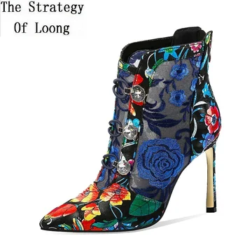 

Summer China Style Women Flowers Print Thin High Heels Ankle Short Boots Ladies pointed Toe Breathable Mesh Buckle Shoes 200113