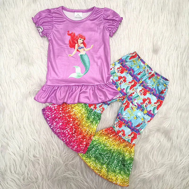 

Toddler Baby Girl Clothes Spring Sweet Mermaid Tshirts Sequins Bell Bottom Pants 2PCS Little Girls Outfit Kids Clothing Sets