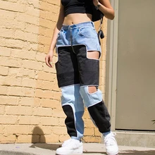 Выдалбливают высокой талией женские брюки новые Харадзюку хип хоп Брюки карго женские Лоскутные Повседневные Брюки Штаны для уличного бега