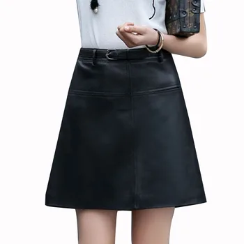 

Black Khaki Army Green Real Sheep Skin Genuine Leather Skirt High Waisted Mini Skirts Women A-line Belt Sexy Ladies Skirt