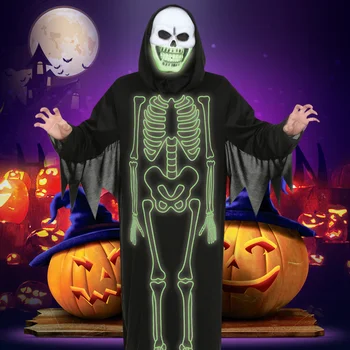 

New Skeleton Costume Halloween Role-Playing Boys Perform Costumes Adult Costume Night-Light Skull Gown Halloween Clothes BL2711