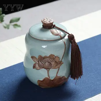 

Round Craft Tea Box Packaging Tea Container Chinese Tea Tin Can Storage Imitation Jade Ceramic Jar Tea Caddies Kitchen Seal Box