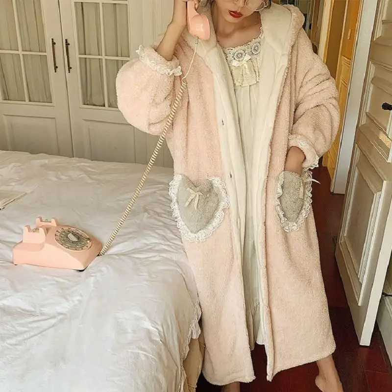 

Fall Winter Warm Sweet Thick Soft Flannel Robe Women Vintage Princess Bow Big Pocket Plus Size Loose Nightwear