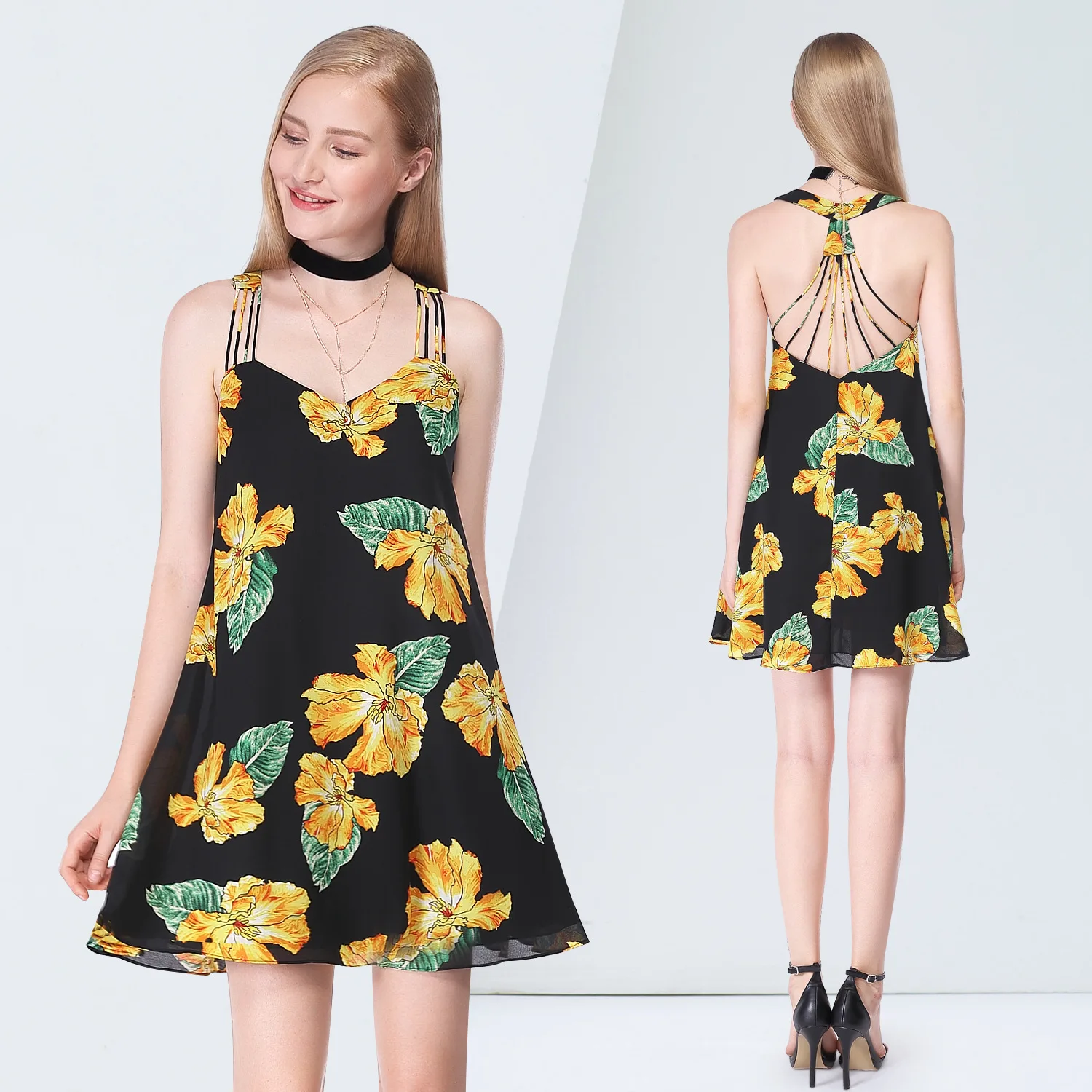 

2019 European And American-Style Summer Printed Strap off-Shoulder Gown Dress