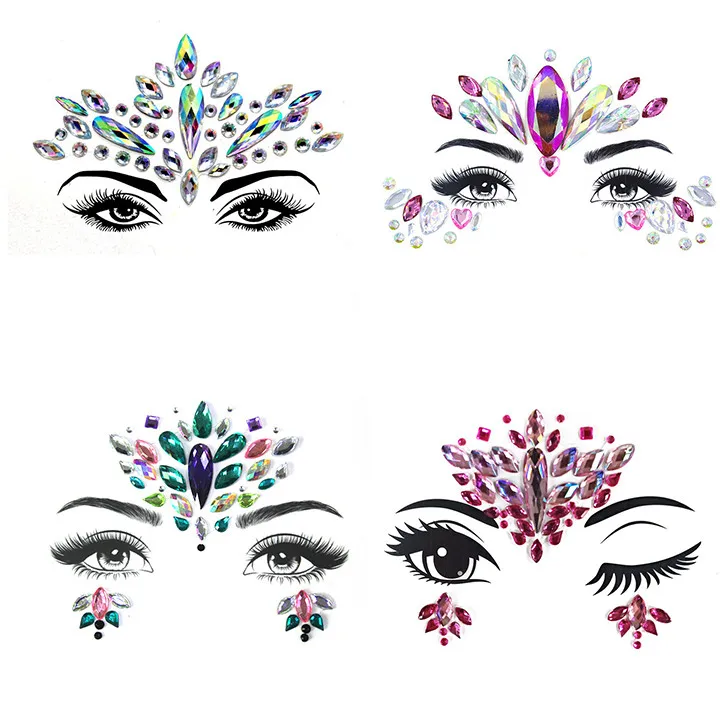 7  4pcs Glitter Face Jewelry Stickers Acrylic Rhinestone Festival Masquerade Party Temporary Tattoo Fashion DIY Jewelry Stickers