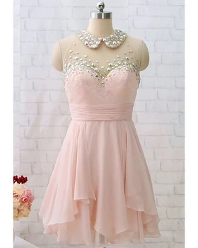 

Pink Homecoming Cocktail Party Dress Illusion Neck Short / Mini Chiffon with Pleats Beading Prom Gowns 2021 robe de soriee