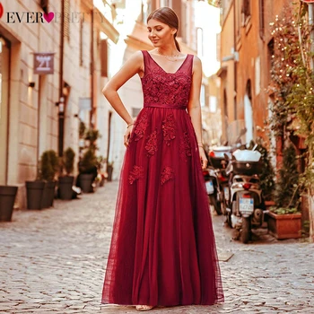 

Elegant Evening Dresses Ever Pretty A-Line Double V-Neck Sleeveless Beaded Appliques Tulle Formal Party Gowns Robe De Soiree