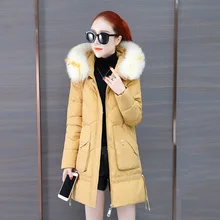 Женское однотонное пуховое пальто с капюшоном, новинка, Корейская Зимняя мода, с меховым воротником, на молнии, на пуговицах, с карманами, кружево, OL, толстая длинная верхняя одежда