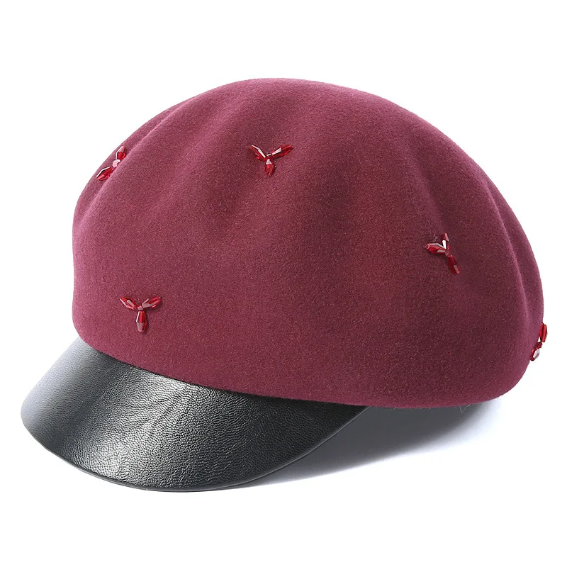 FS женский шерстяной берет зимняя восьмиугольная кепка Уличная Повседневная Уличная одежда шляпа черный винный красный французский стиль плоская шапка художника - Цвет: Wine Red