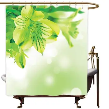 

Fresh Lily Flower Bloom with Leaves Abstract Bokeh Backdrop Garden Plant,Lime Green Apple Green Shower Curtain