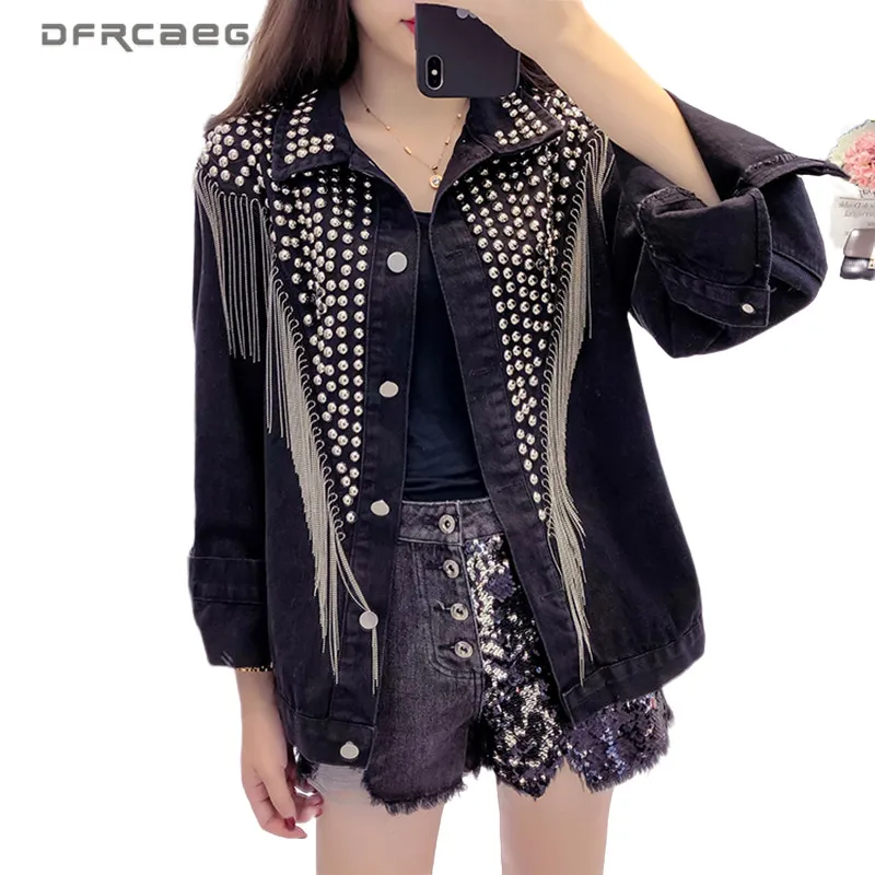 black denim jacket with tassels