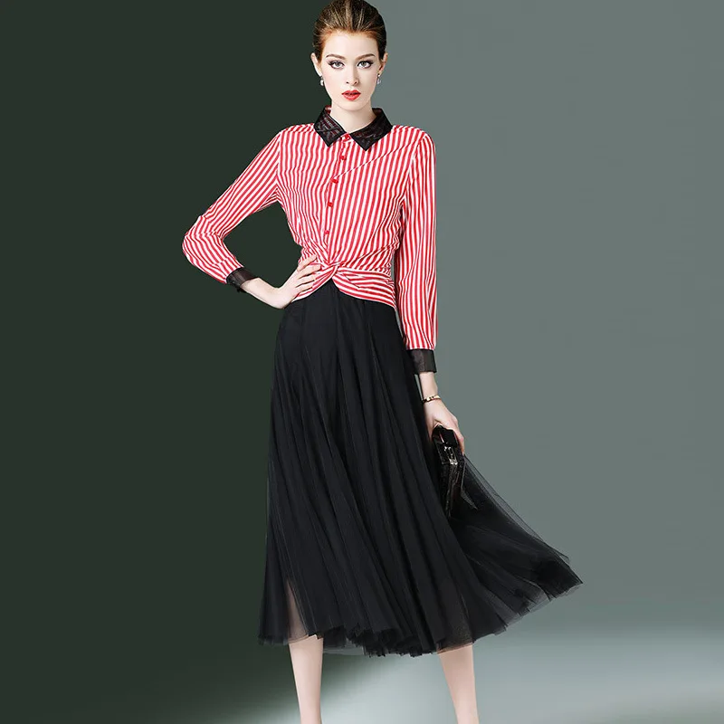 

Ozhouzhan 2019 Spring New Style Early Spring Two-Piece Set Elegant WOMEN'S Dress Stripes Shirt Skirt Goddess Dress Outfit