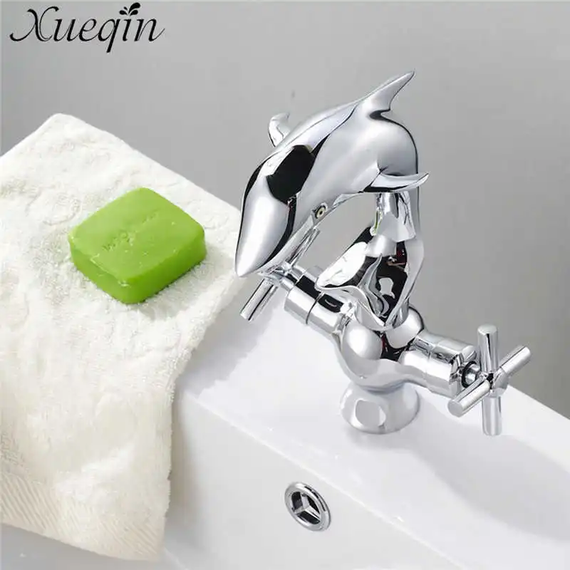 

Chrome Basin Faucet Dolphin Style Double Handle Bathroom Dual Hole Mixers Hot And Cold Water Deck Mounted