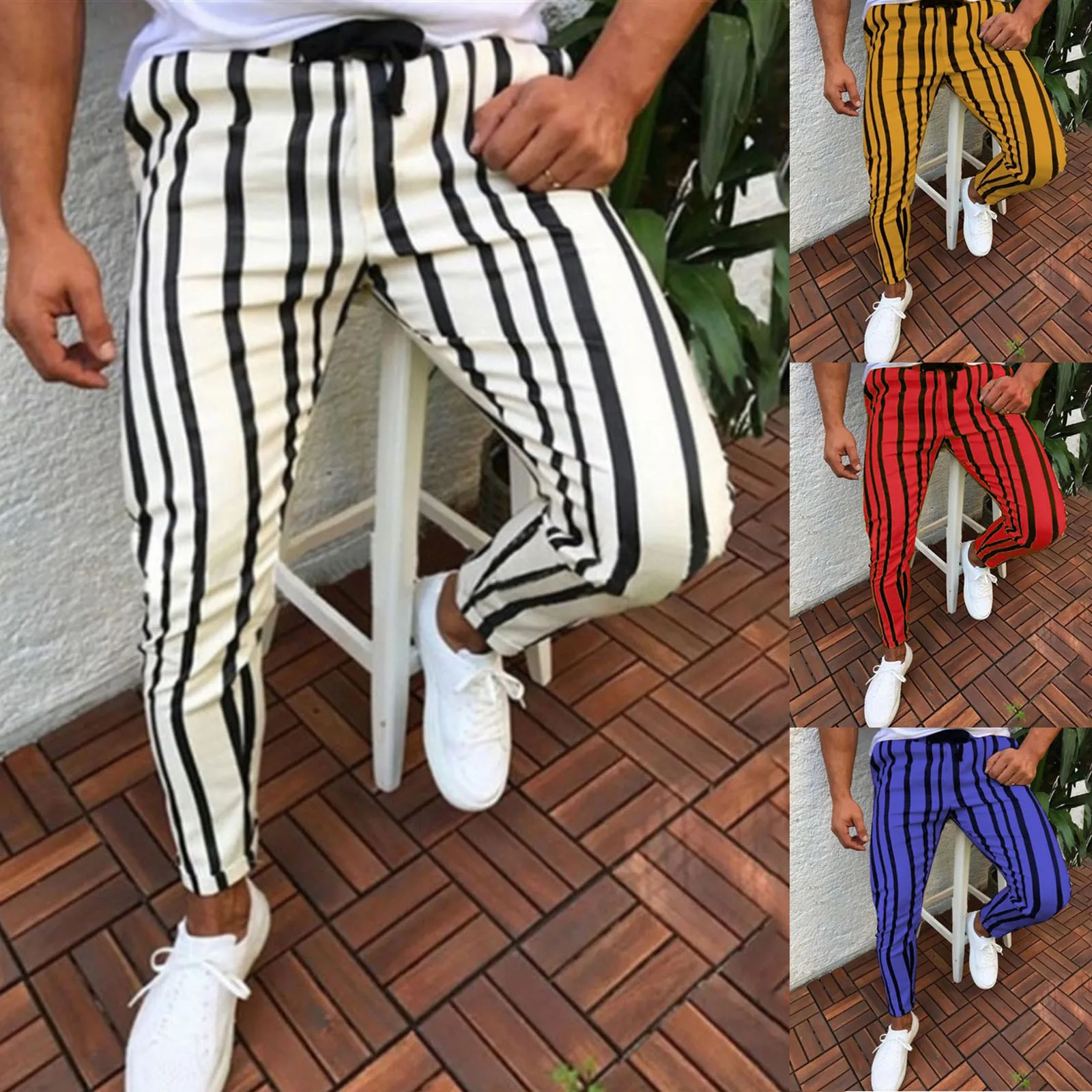 Men Sports Casual Pants Striped Bodybuilding Pocket Flexible Waist Long Pant Trousers Daily Fashion High Quality Pant Pantalones 1