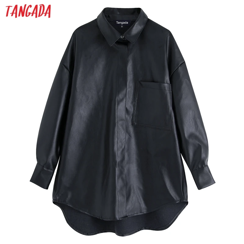 Tangada, женская рубашка оверсайз из искусственной кожи,, стиль бойфренда, длинный рукав, Ретро стиль, Женский карман, черный, ПУ, блузки, топы, BE34