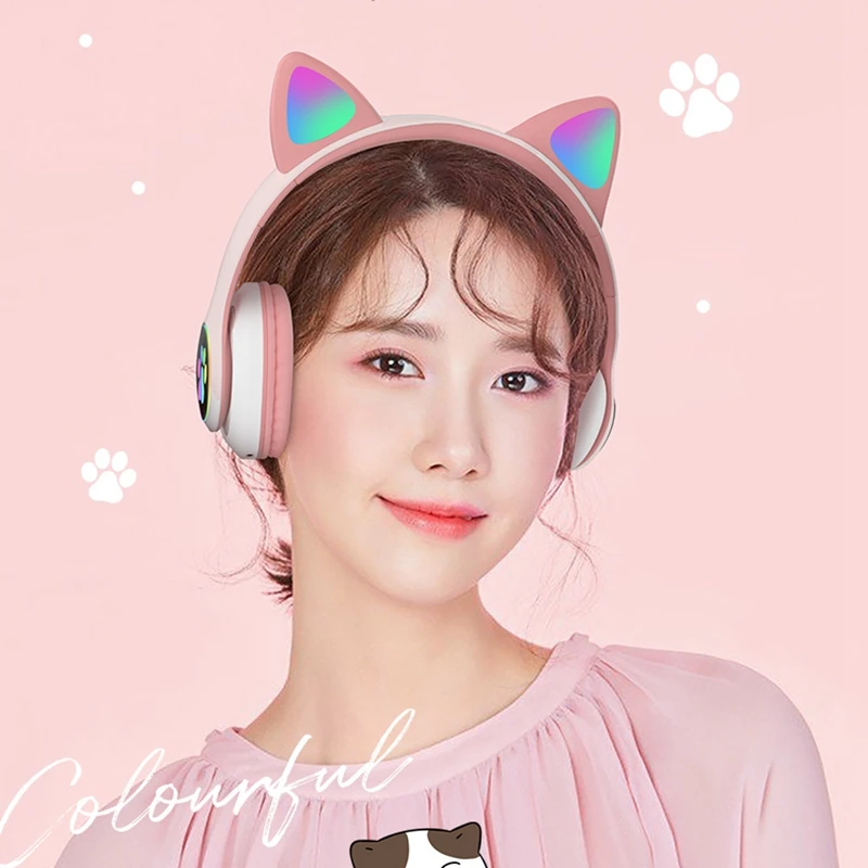 Glowing Light Cute Cat Bluetooth Kid Headphone with Mic Can Close LED Girls Music Bass Helmet Phone Tablet Wireless Headset Gift