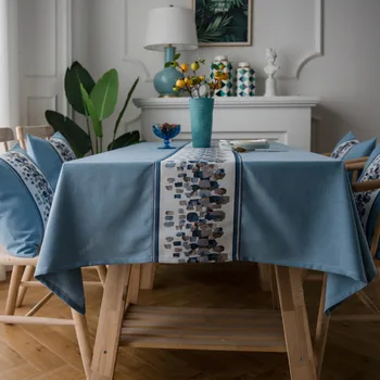 

Waterproof Tablecloth New Chinese Style Embroidery Stone Polyester Table Cover Rectangular Solid Blue Cover Party Banquet Decor
