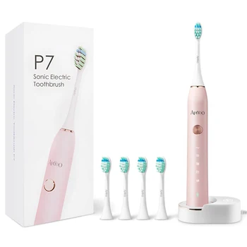 

Apiyoo P7 Rechargeable sonic electric toothbrush Ultrasonic Wireless charging Adult waterproof IPX7 with 5 brush heads Pink