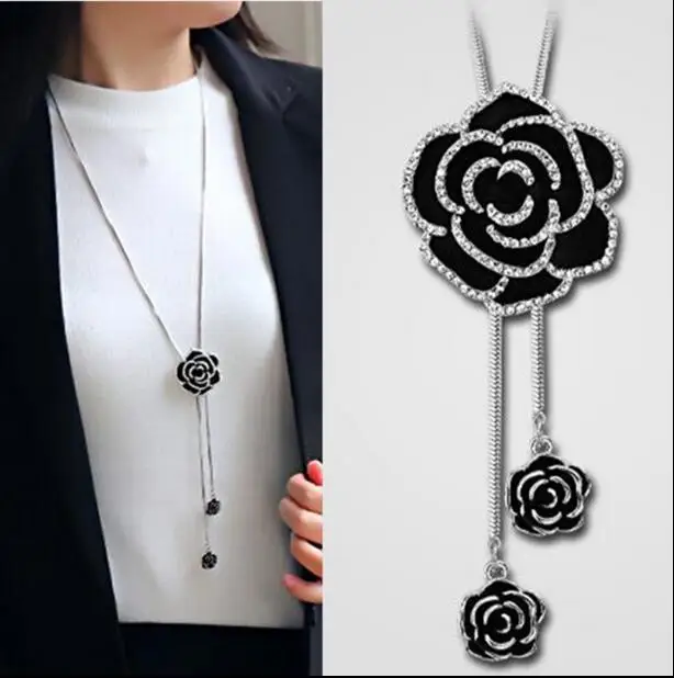 

Long Full of Crystals Rose Necklace European And American Minimalist Lanyard Accessories South Korea Versatile Accessories Sweat